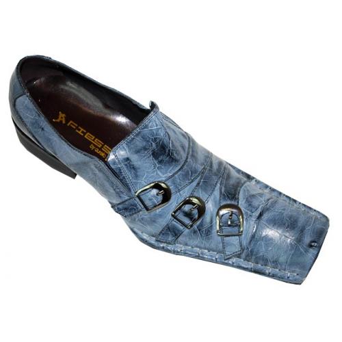 Fiesso Denim Blue with White Stitching Leather Shoes w/ Buckle FI6234